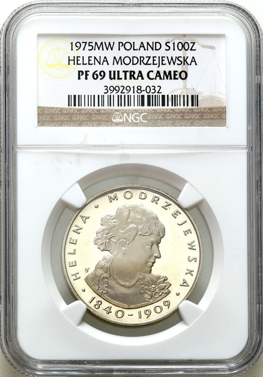 PRL. 100 złotych 1975 Helena Modrzejewska NGC PF69 ULTRA CAMEO (2 MAX)